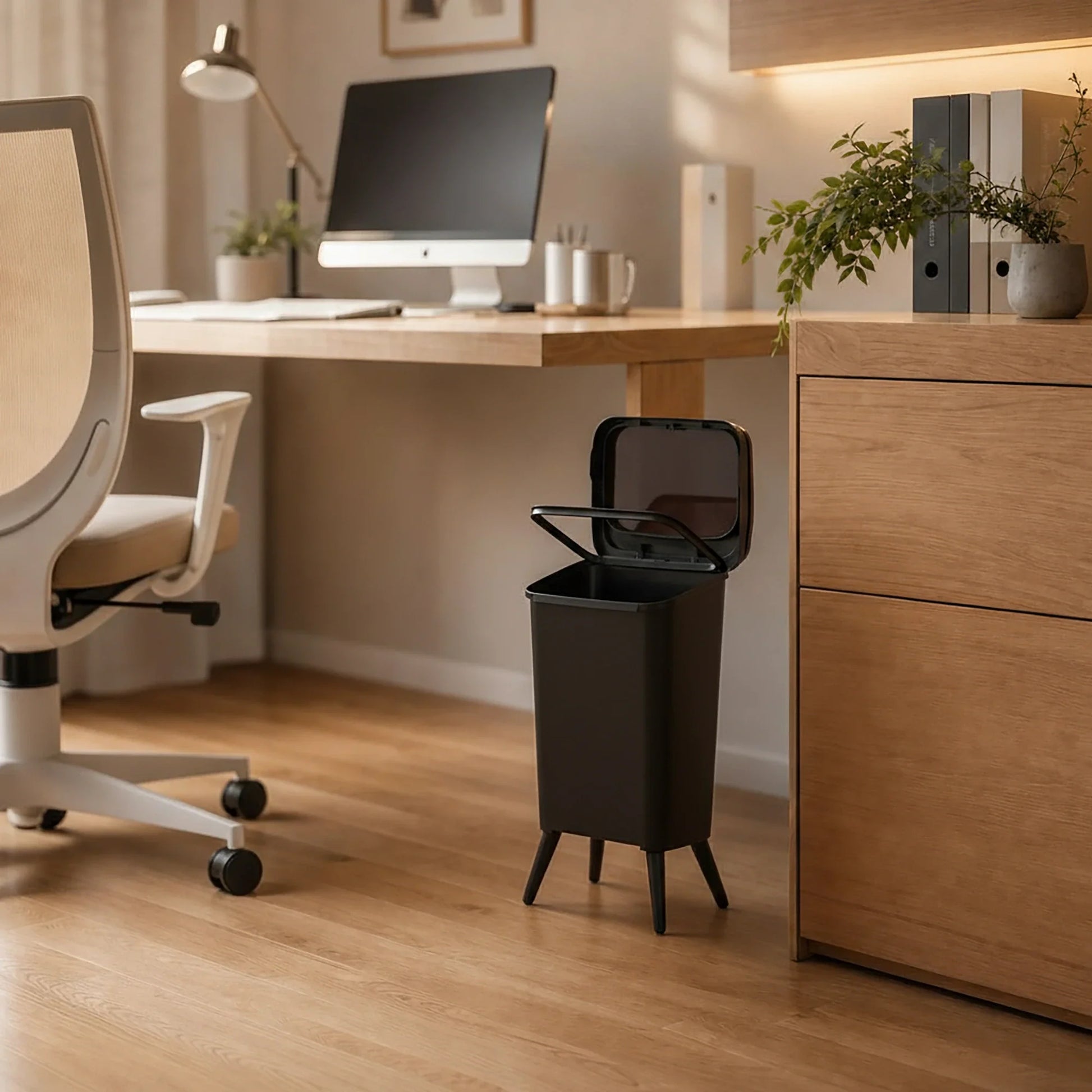 Slim Push Lid Trash Bin in an office setting with a desk and chair.