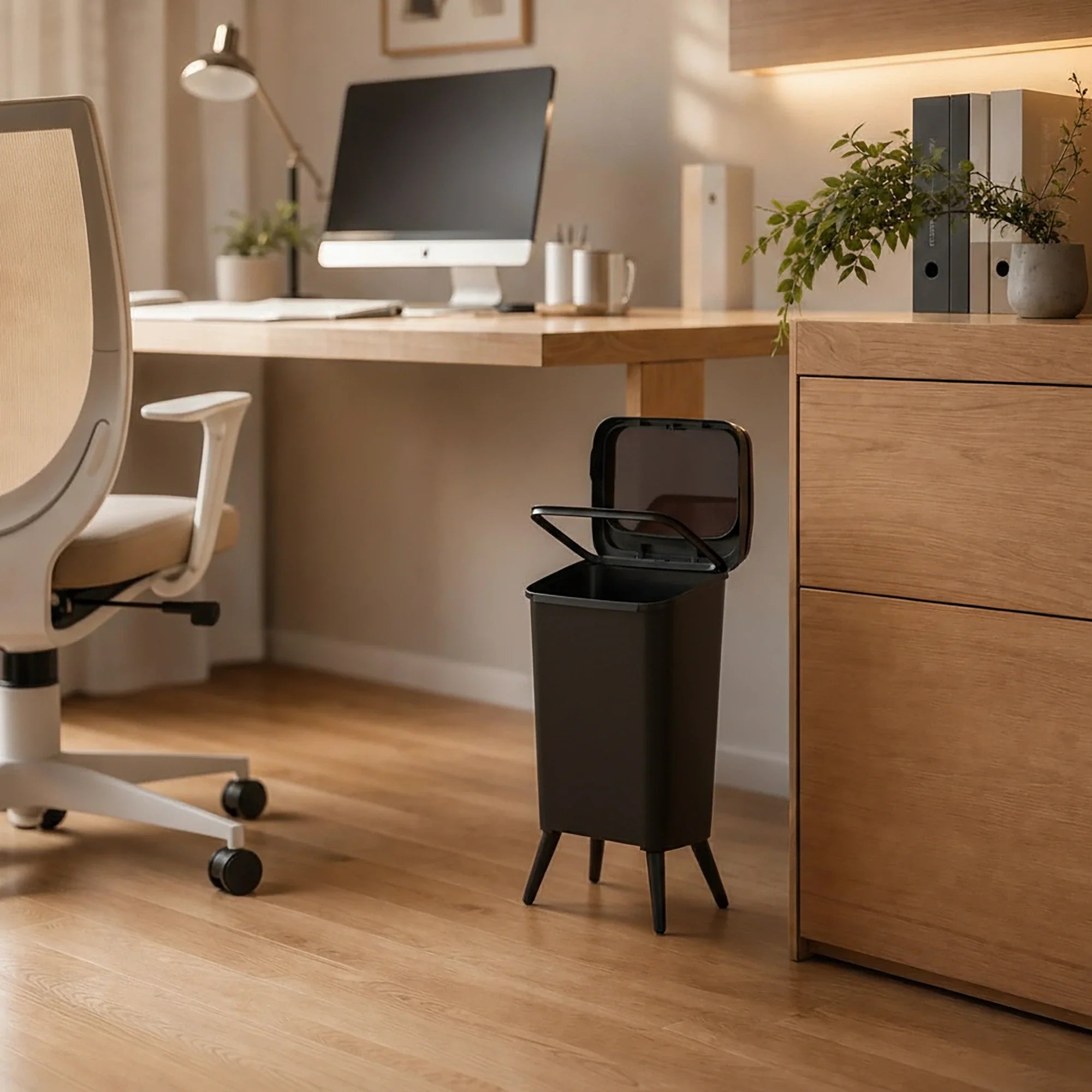 Slim Push Lid Trash Bin in an office setting with a desk and chair.