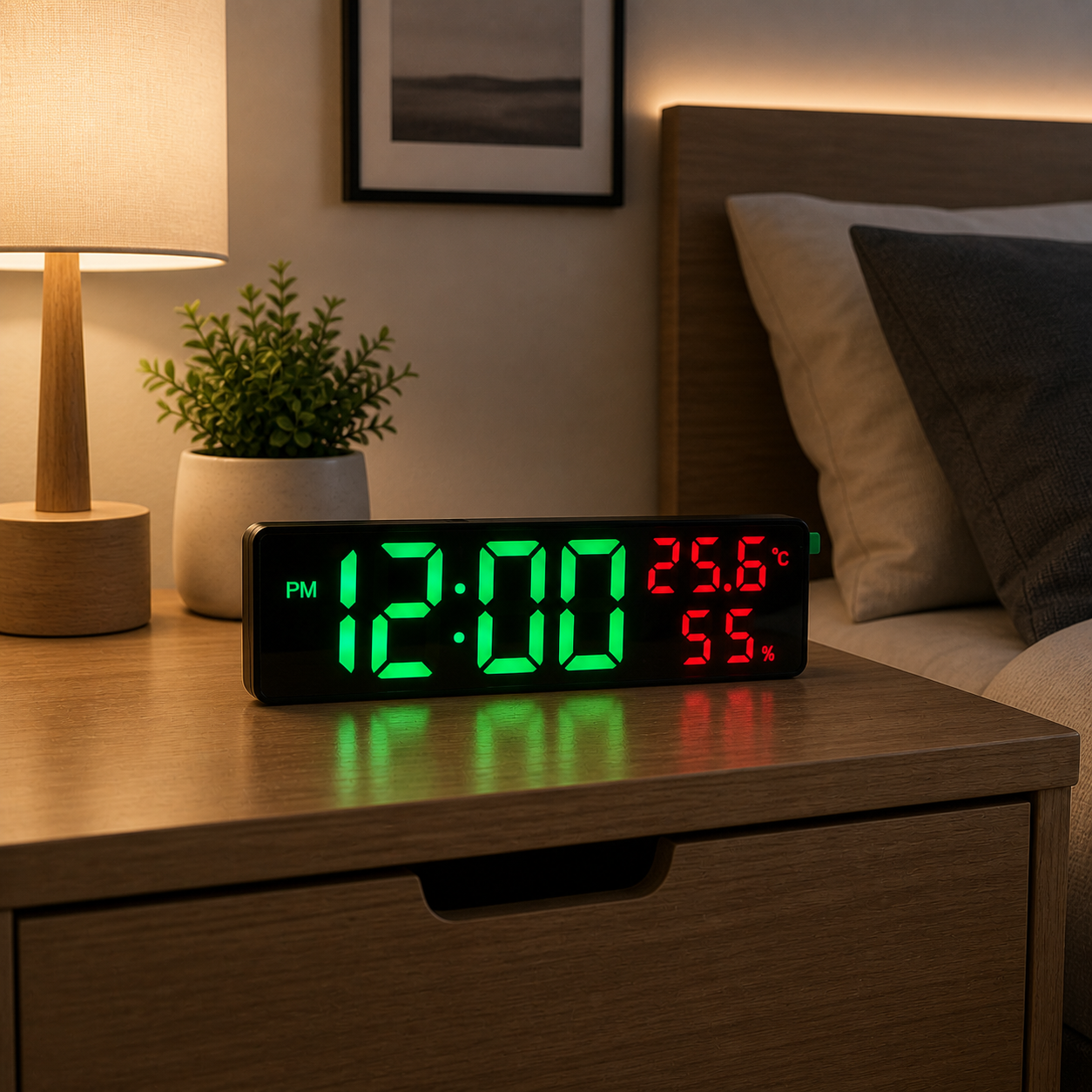 Smart Digital Alarm Clock is placed on a side table near bed.