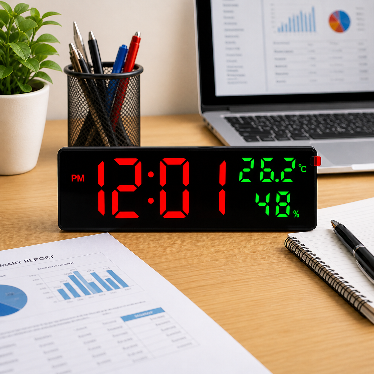 Smart Digital Alarm Clock Placed on a work table.