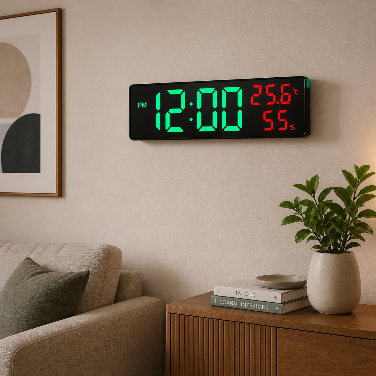Smart Digital Alarm Clock is attached on a wall of living area.