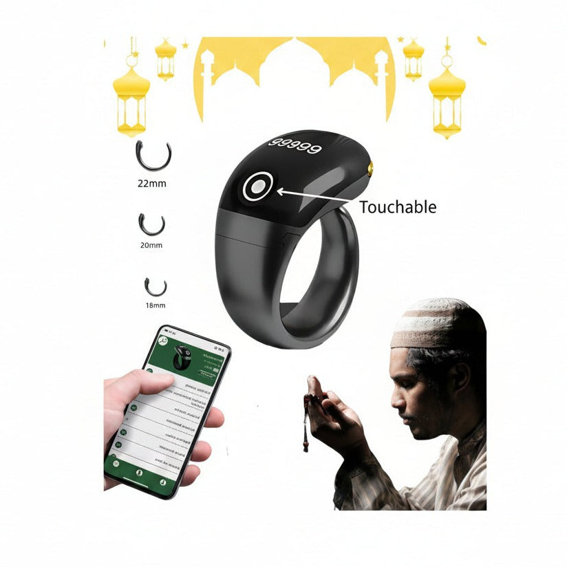 Smart Tasbih Ring  with digital display, app on phone, and person using it, with white background