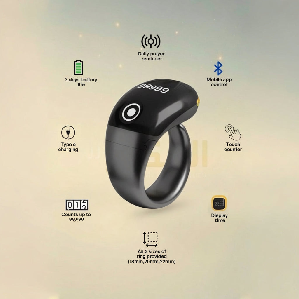 Smart Tasbih Ring with features listed on a gradient background