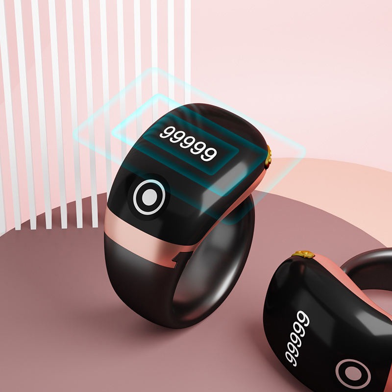 Smart Tasbih Ring with a large display on a pink background