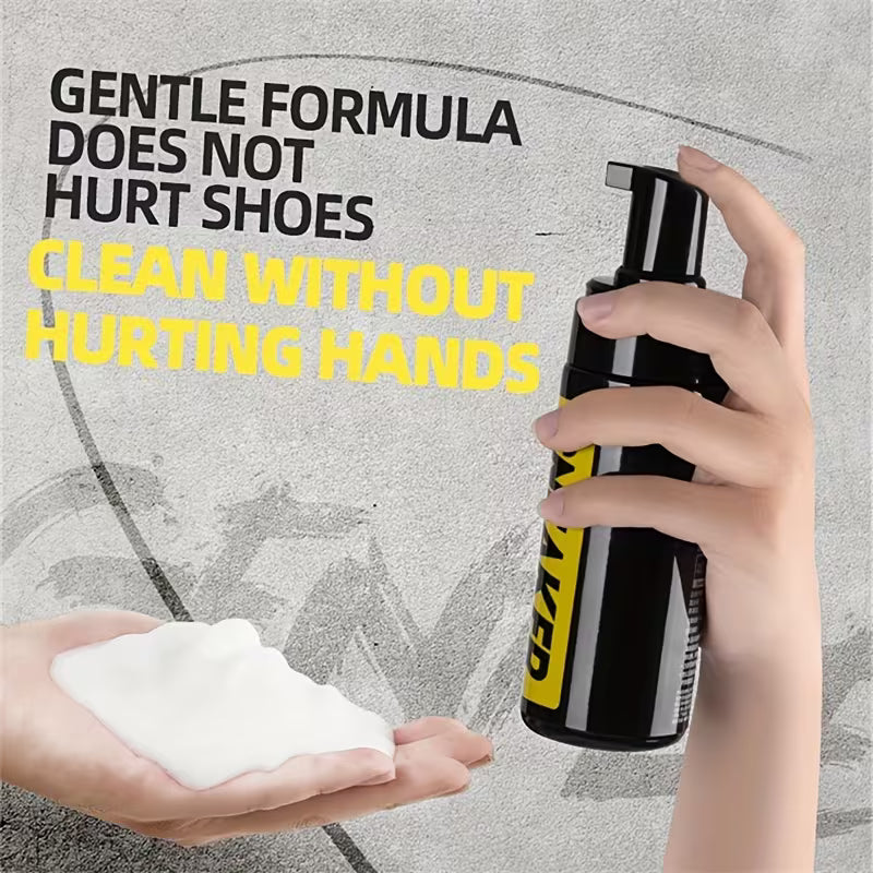 Spray bottle and foam with text about gentle shoe cleaning formula on a gray background