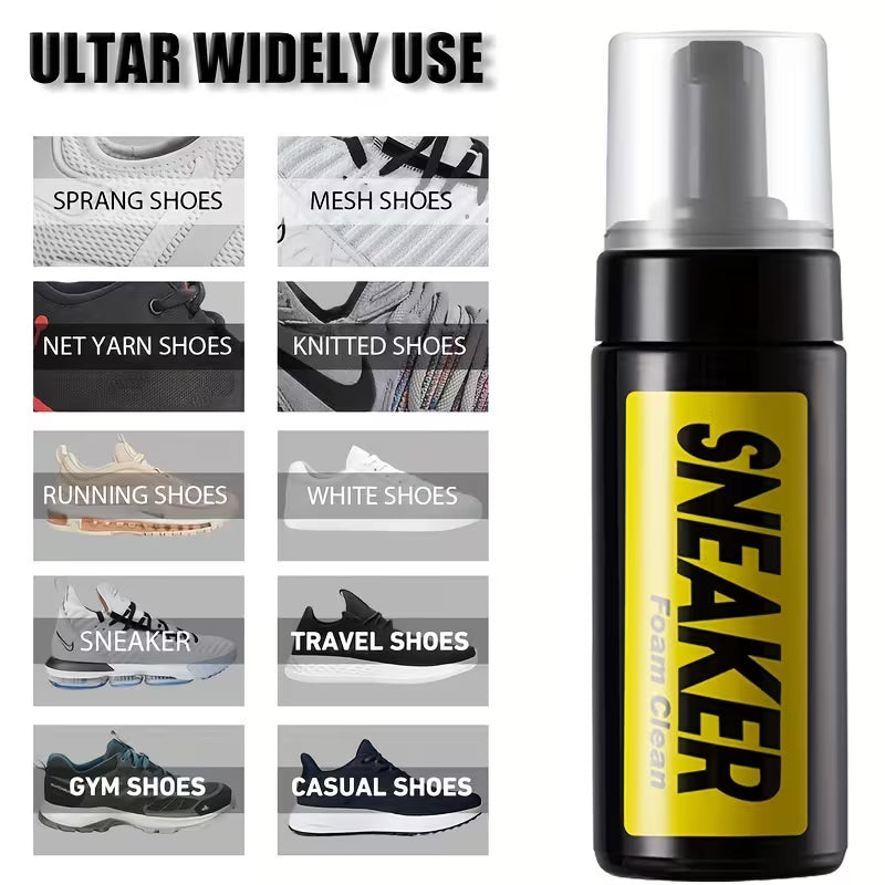 Sneaker foam cream bottle with usage guide for different types of shoes on a white background