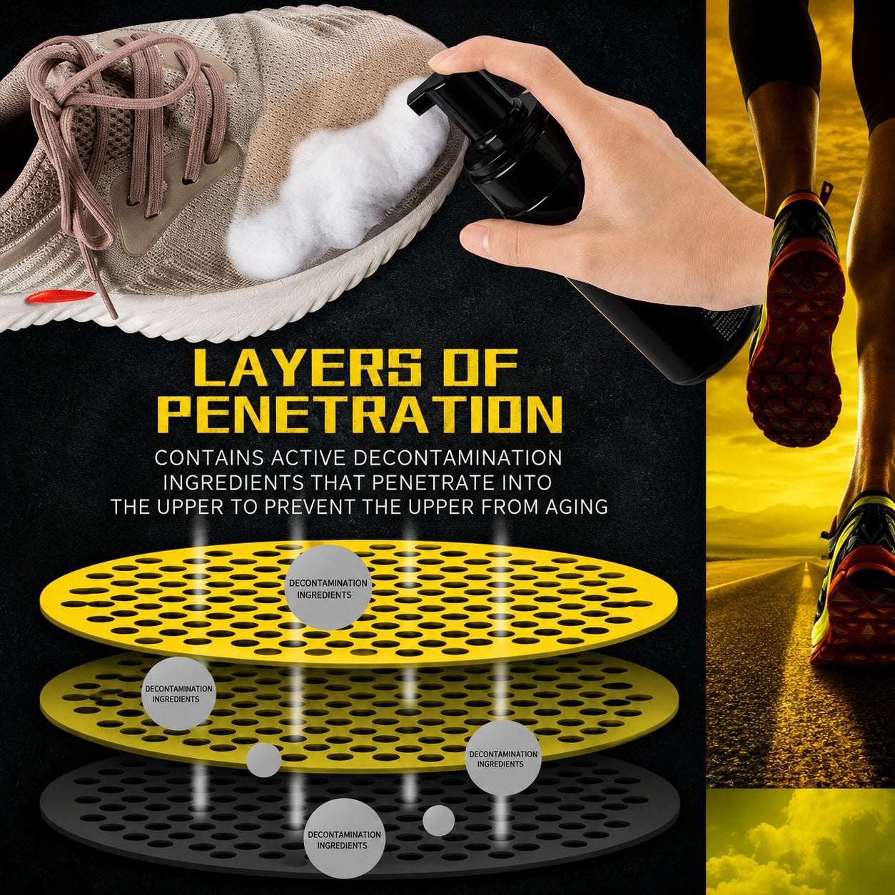 Product advertisement showing a shoe being treated with a Sneaker Cleaning Kit, with text about penetration layers and decontamination ingredients.
