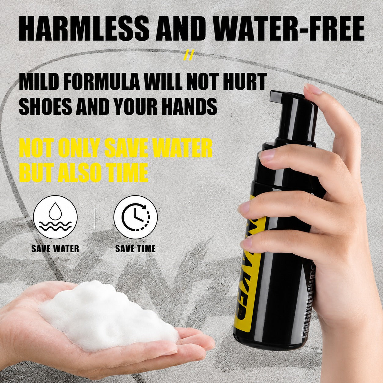 Hand holding a Sneaker Cleaning Kit with text about water-saving properties on a gray background.