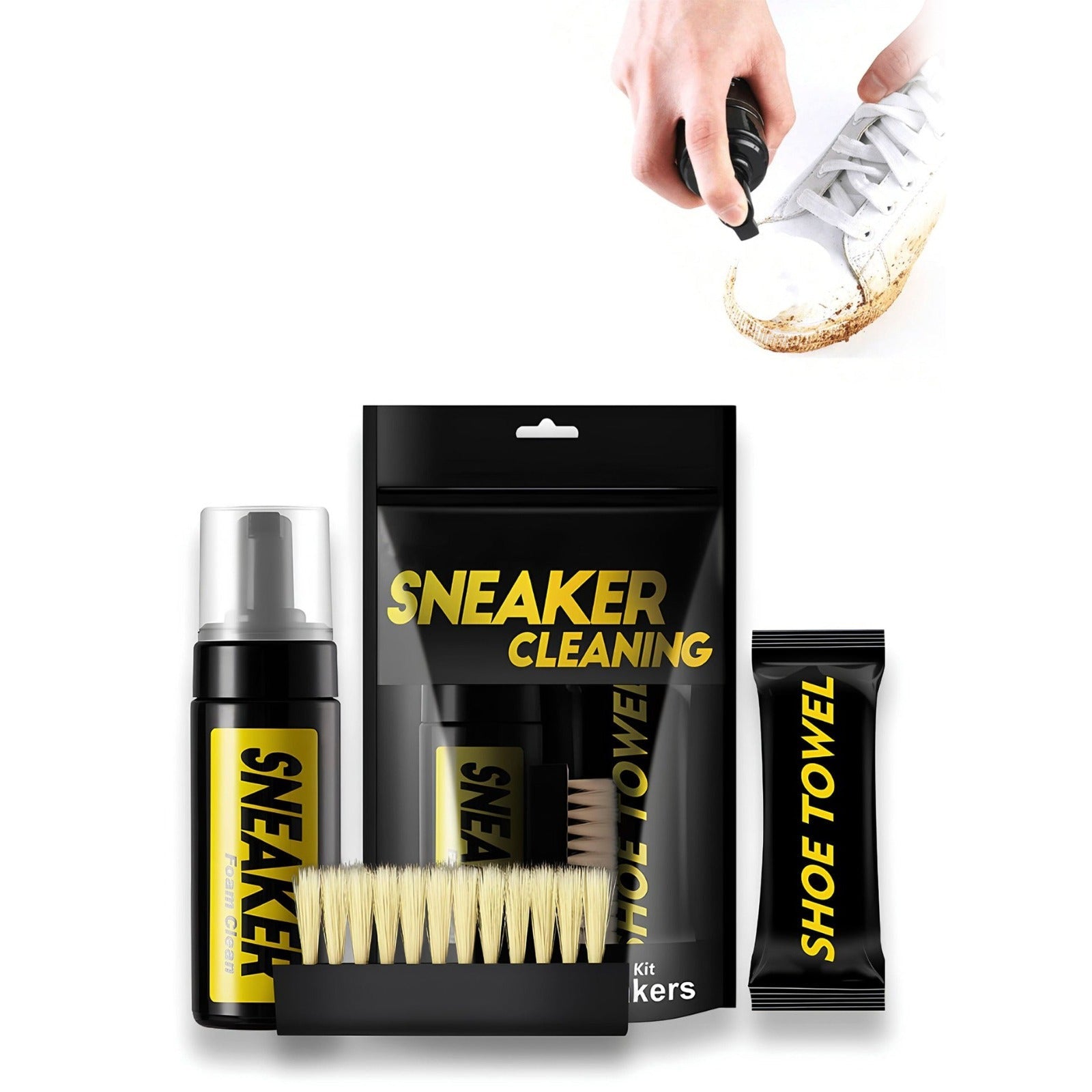 Sneaker cleaning kit with spray, brush, towel, and packaging on a white background