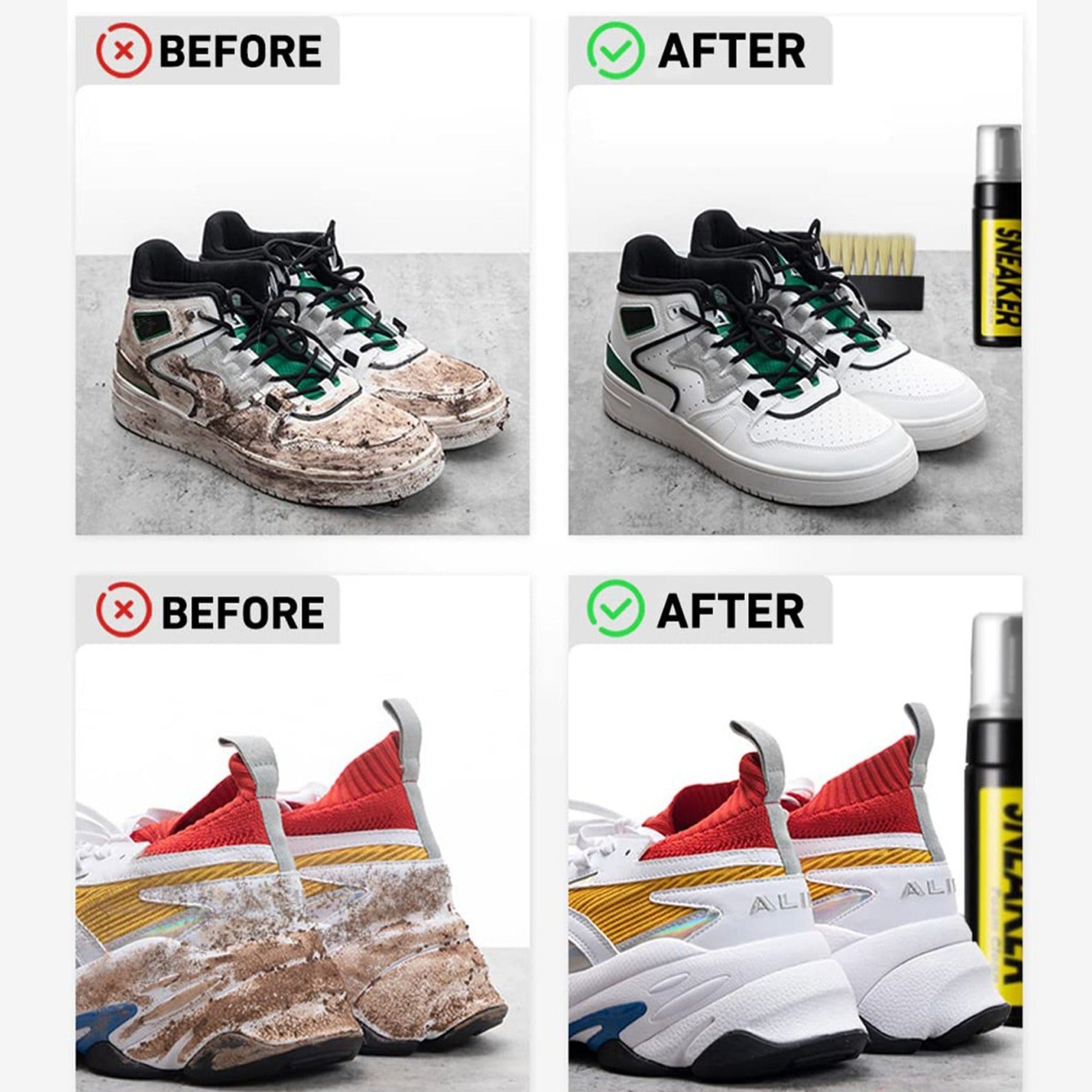 Before and after comparison of cleaning sneakers with a Sneaker Cleaning Kit.