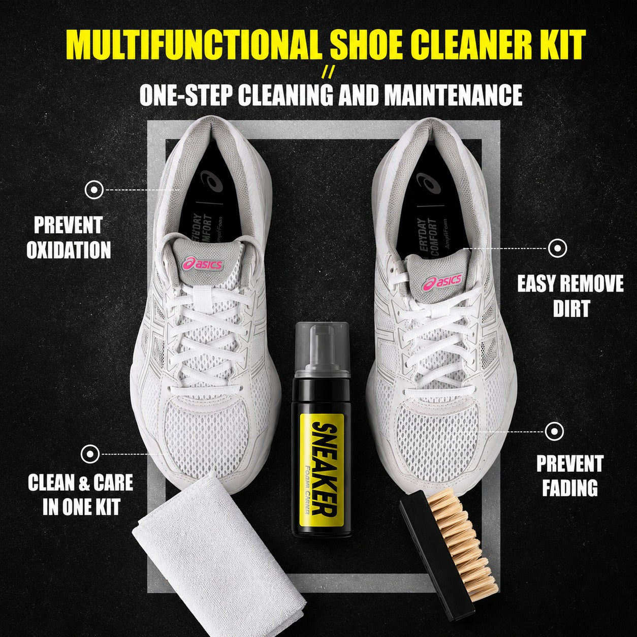 Multifunctional Sneaker Cleaning Kit with white sneakers, cleaning brush, and spray bottle on a black background.