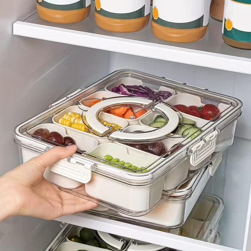 A Person is Keeping Spice Grid Divided Serving Tray with Snacks On to Referigerator.