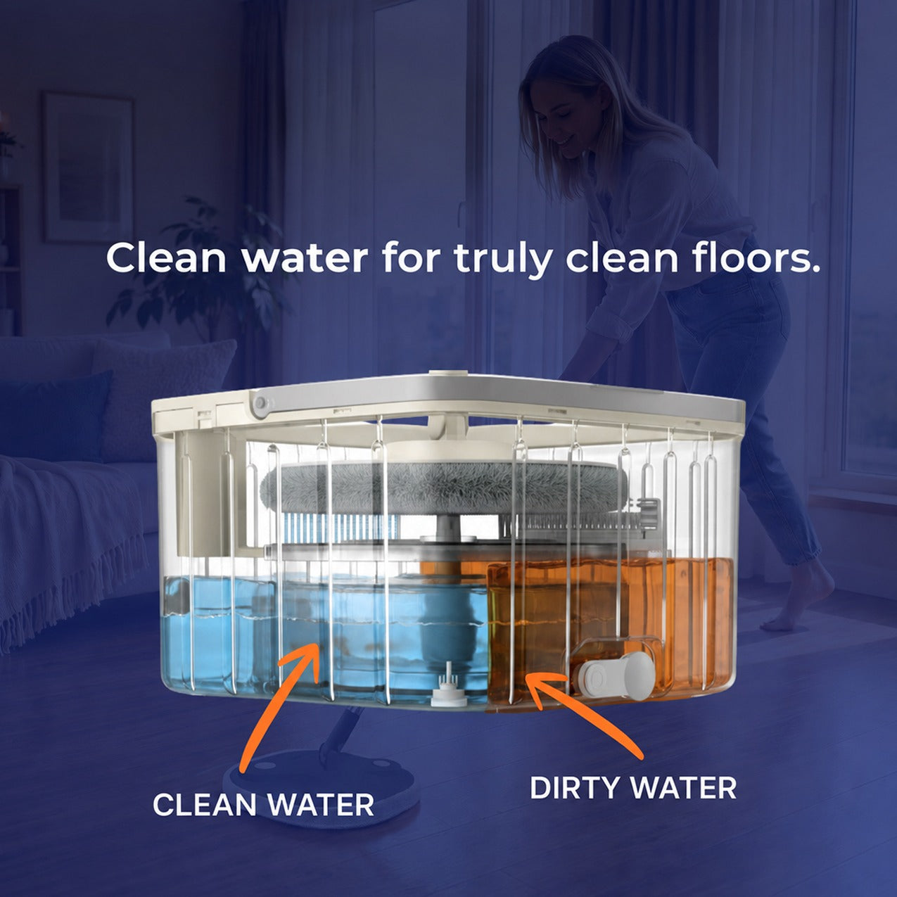 Spin Mop Bucket Set with Microfiber Flat Mop, Dual Chamber Self Wash & Dry System