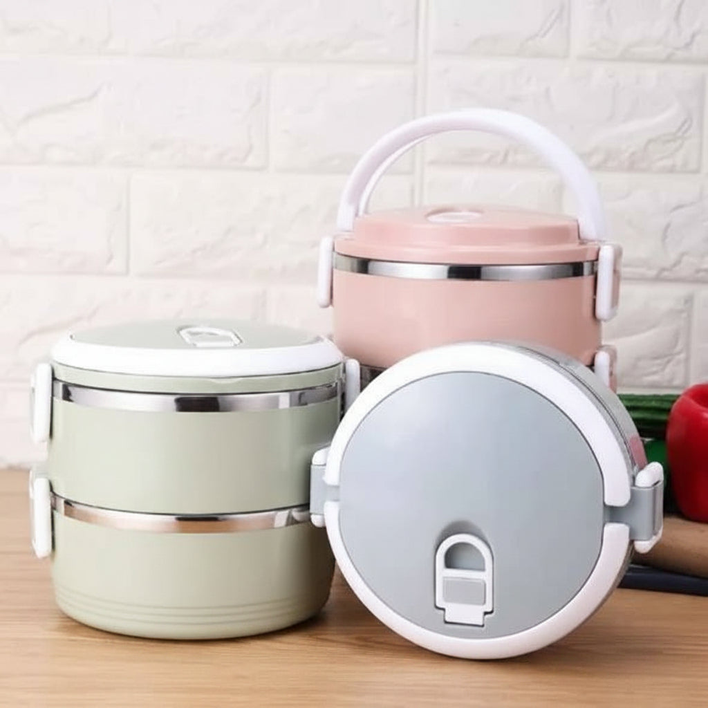 Stainless Steel Lunch Boxes in three different colors.