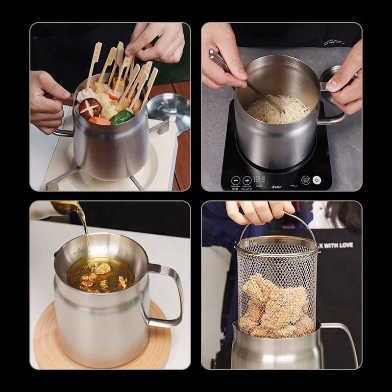 A Person is Preparing Food Using Stainless Steel Oil Strainer Storage Pot.
