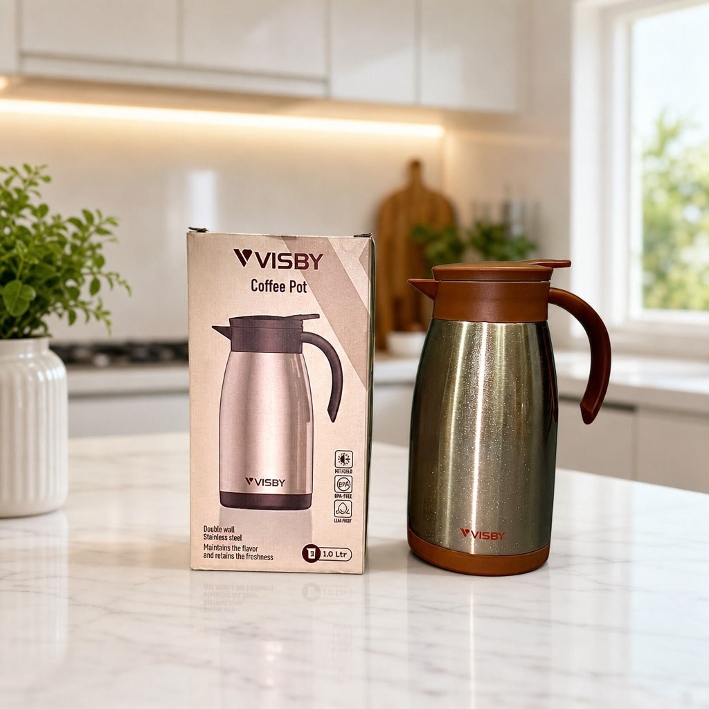 Stainless Steel Vacuum Coffee Pot 1.0L on a kitchen counter with its packaging
