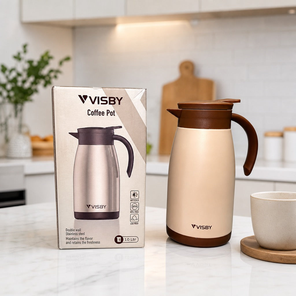Stainless Steel Vacuum Coffee Pot 1.0L with packaging on a kitchen counter