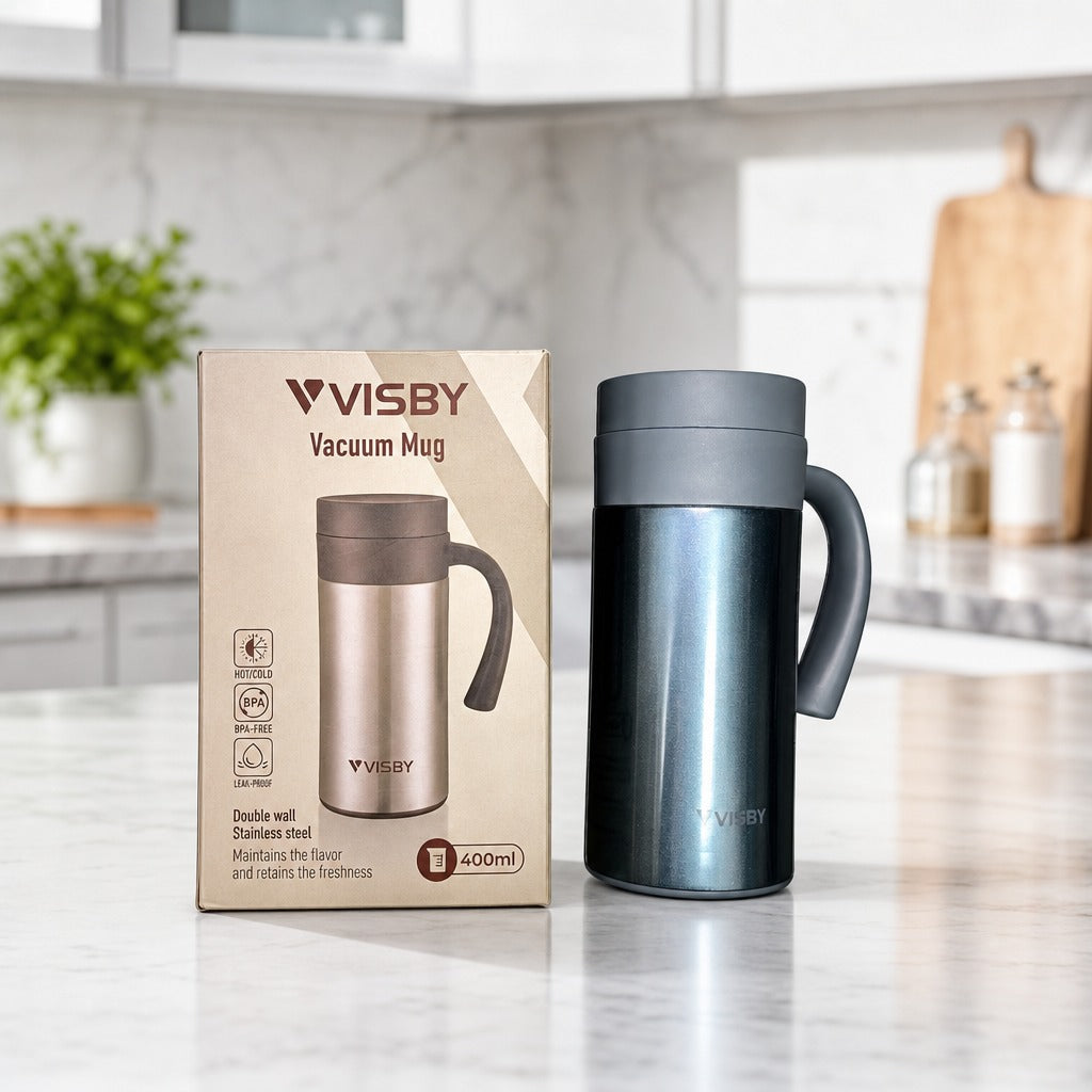 Stainless Steel Vacuum Mug 400ML with packaging on a kitchen counter