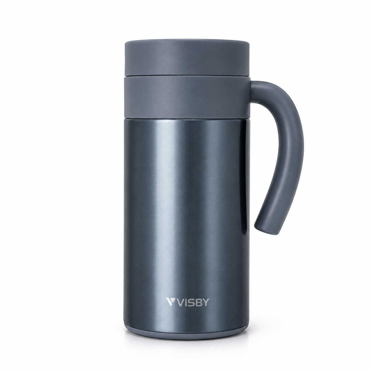 Stainless Steel Vacuum Mug 400ML with handle on a white background, featuring the Visby brand.