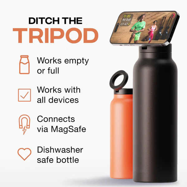 Stainless Steel Vacuum Water Bottle With MagSafe Magnetic Phone Holder Holding Mobile Phone.