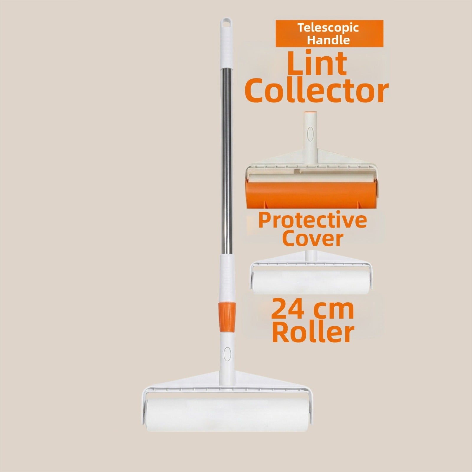 A Sticky Mop with a telescopic handle, shown with labeled callouts reading 'Telescopic Handle,' 'Lint Collector,' 'Protective Cover,' and '24 cm Roller' on a plain beige background.