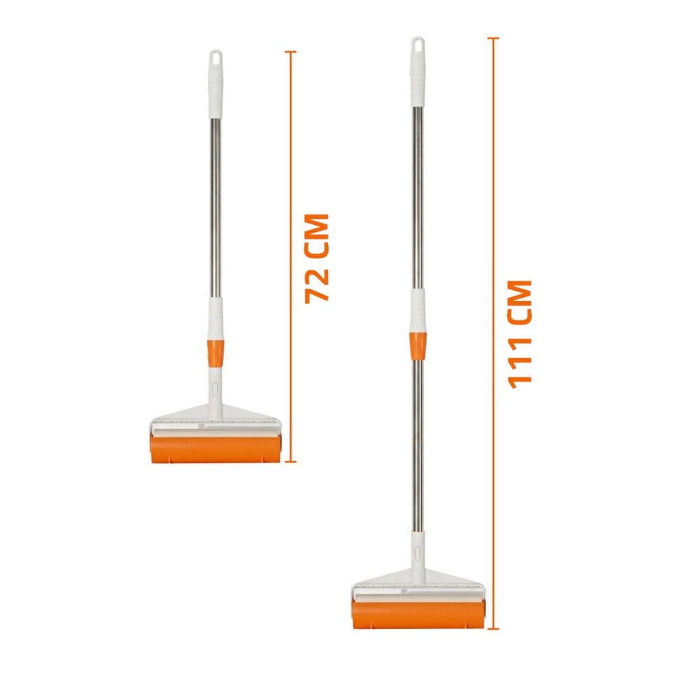 Two views of a Sticky Mop with orange and white cleaning head and silver handles, showing dimensions of 72 cm and 111 cm on a white background.