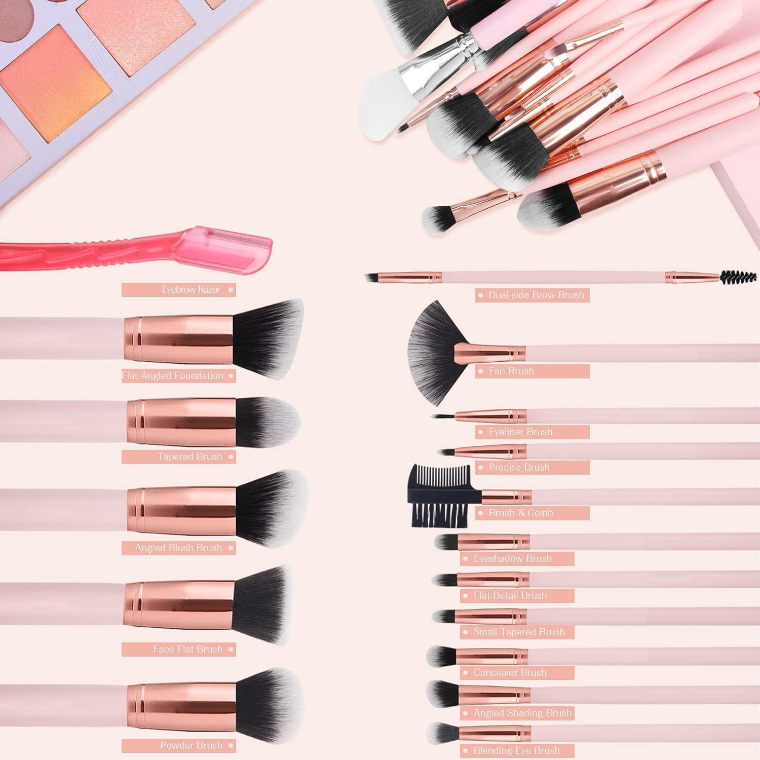 16Pcs Makeup Brushes Set Kit with Premium Synthetic Bristles and Eyebrow Razor with brush names