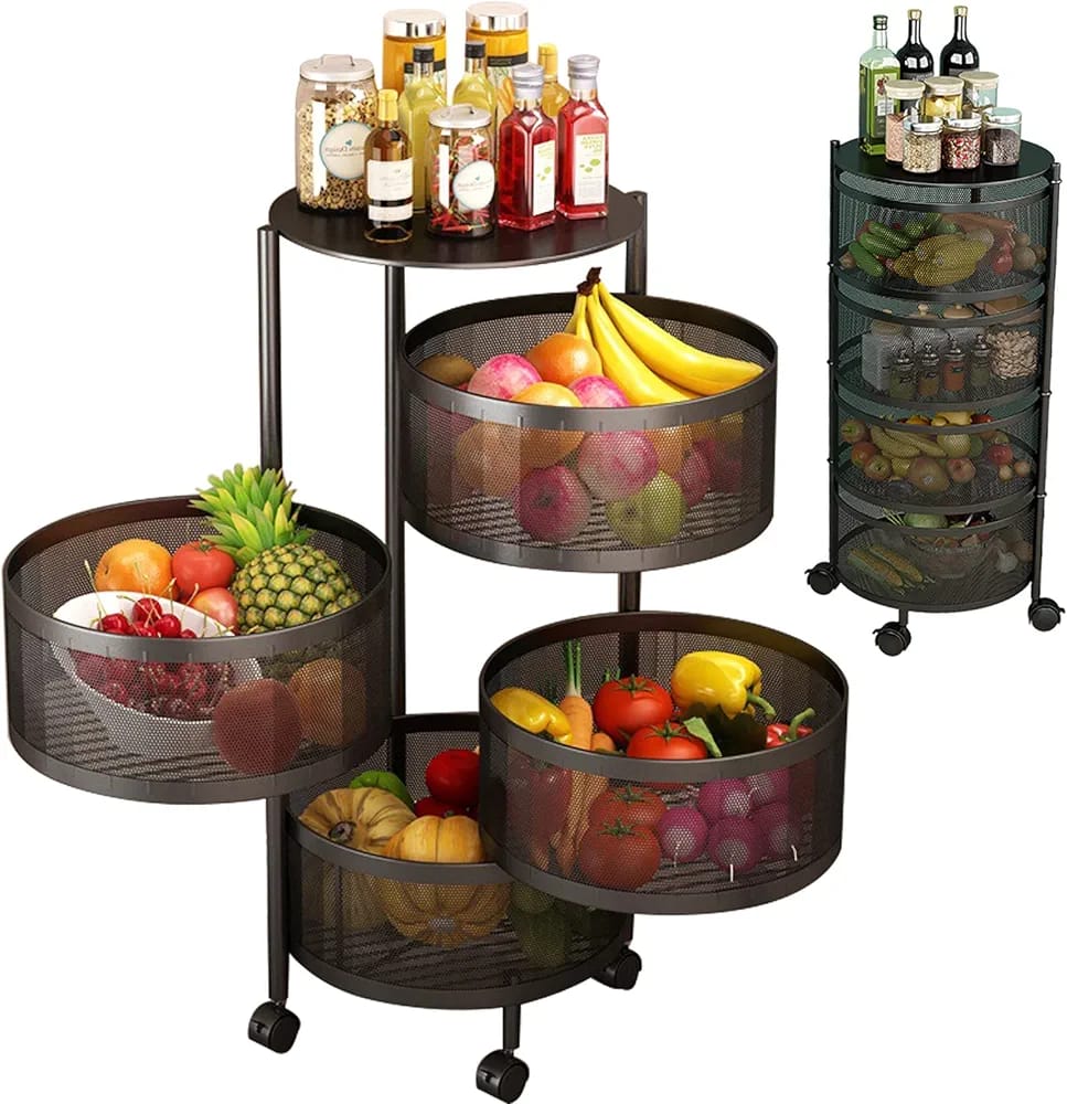 Multi- Layer Kitchen Storage Rotatable Rack, Round Basket Shelf Rack, Kitchen Fruit Vegetable Storage Organizer Cart with Wheels