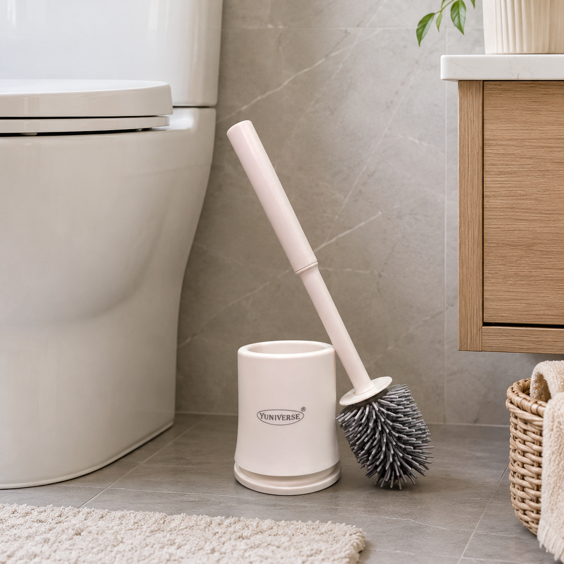 Bathroom setting with a Toilet Brush with Holder