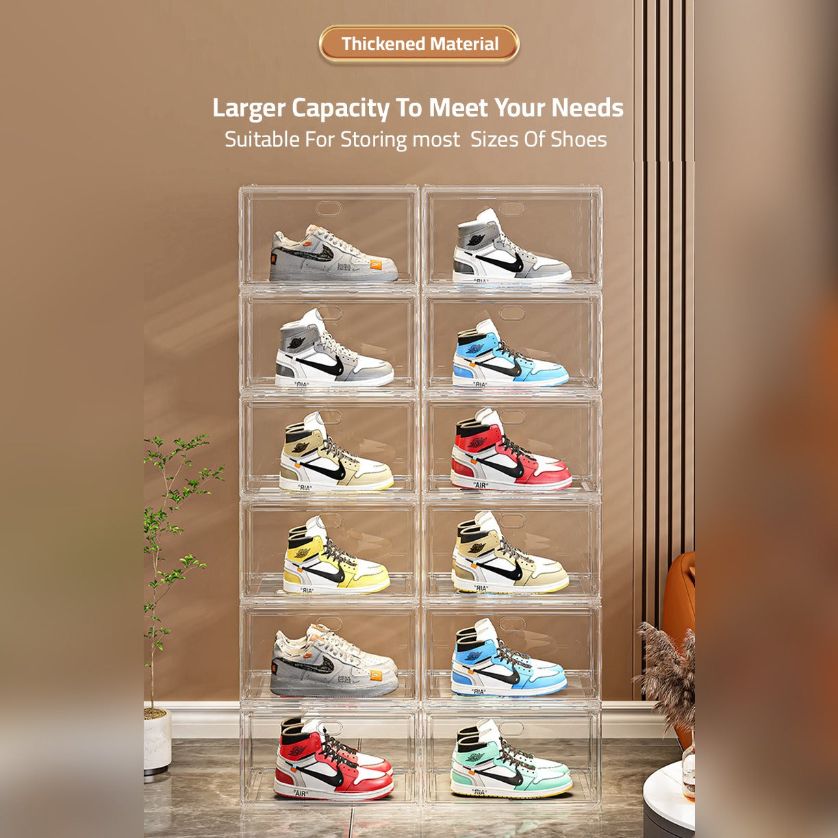 Shoes are Organized at Stackable Transparent Shoe Box Organizer.