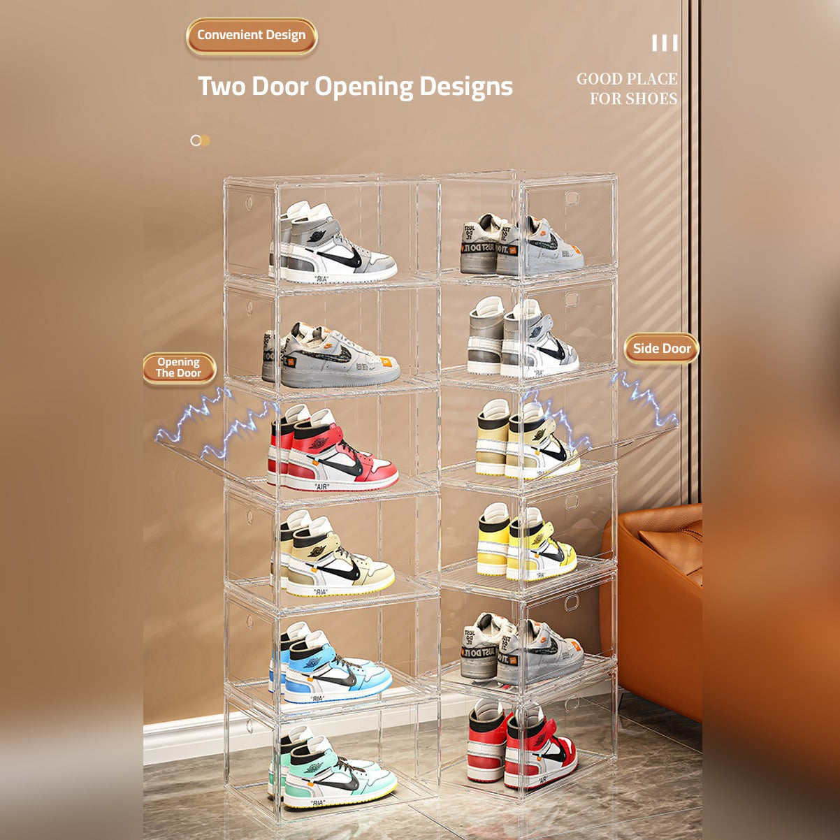 Shoes are Organized at Stackable Transparent Shoe Box Organizer.