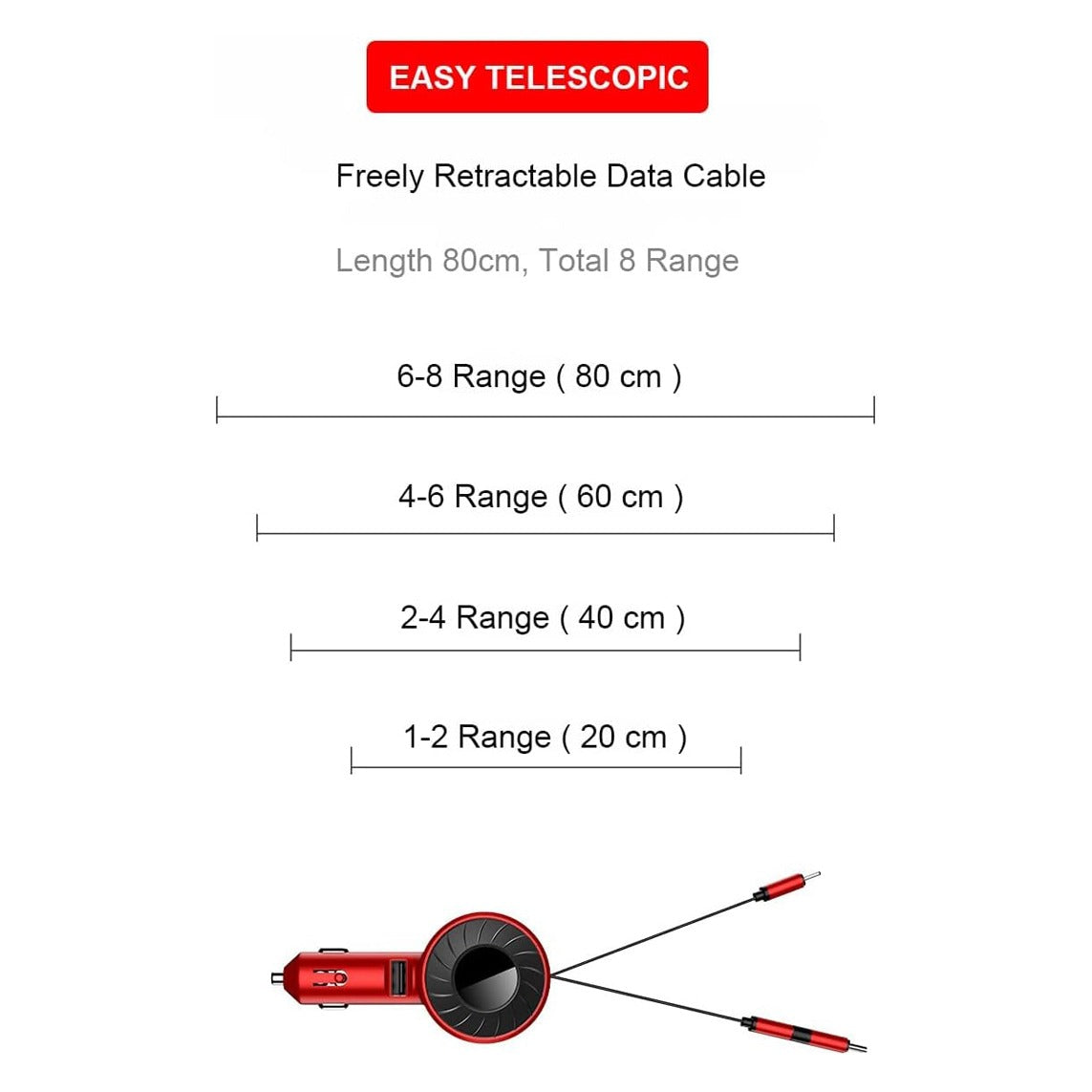 3 in 1 Retractable Cable Multi Charging Car Charger Adapter with its size range