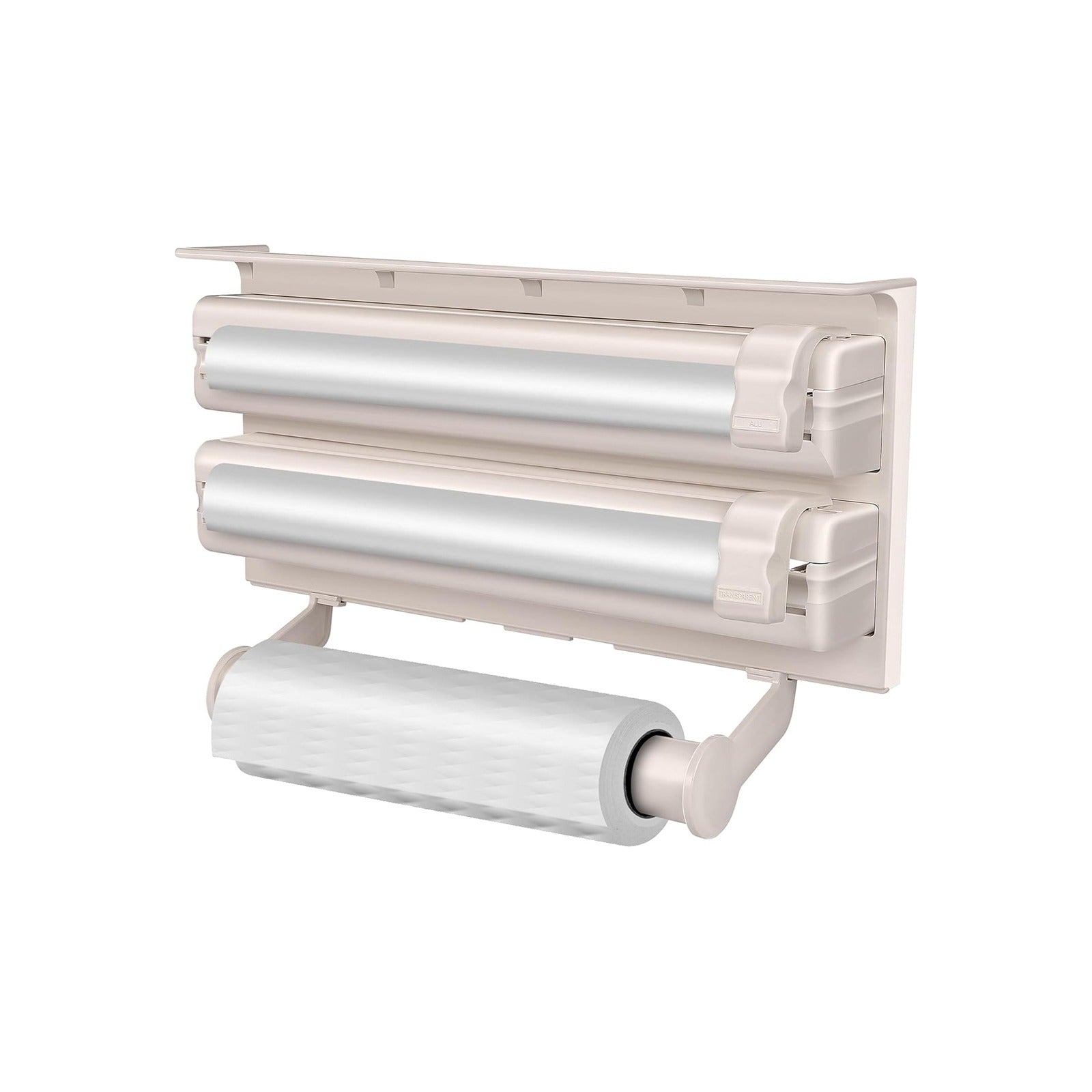 A wall-mounted triple dispenser holding aluminum foil, cling film, and a paper towel roll