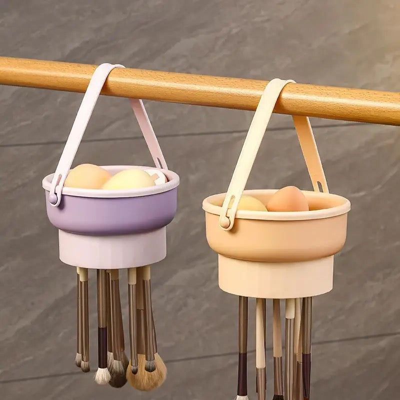 Makeup Brush Cleaning Mat with Brush Drying Holder hanging on a stick