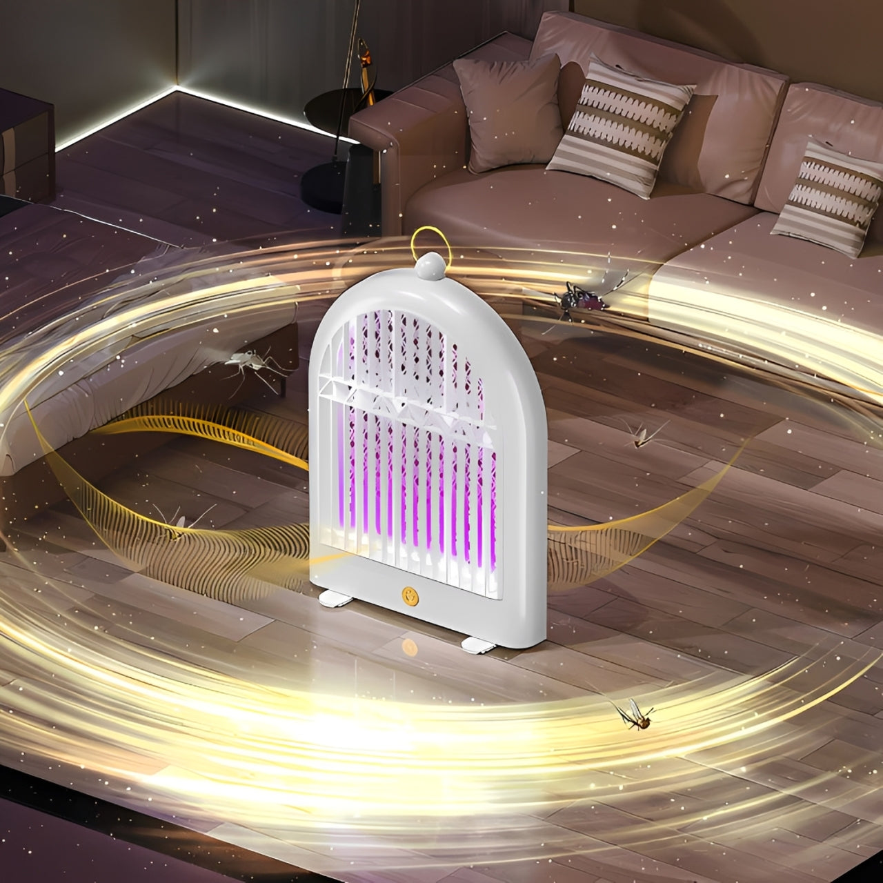 USB Rechargeable Electric Mosquito Killer Lamp emitting a purple light in a living room setting