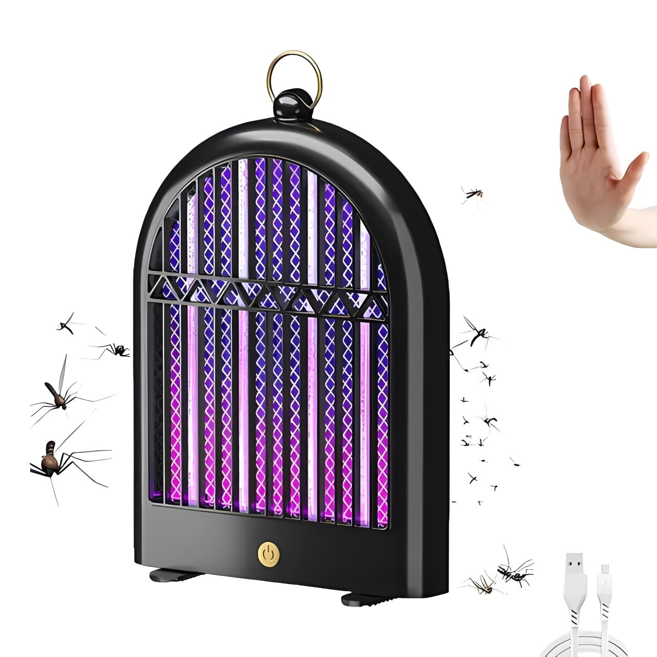 USB Rechargeable Electric Mosquito Killer Lamp with purple light pattern, surrounded by mosquitoes and a hand, on a white background.