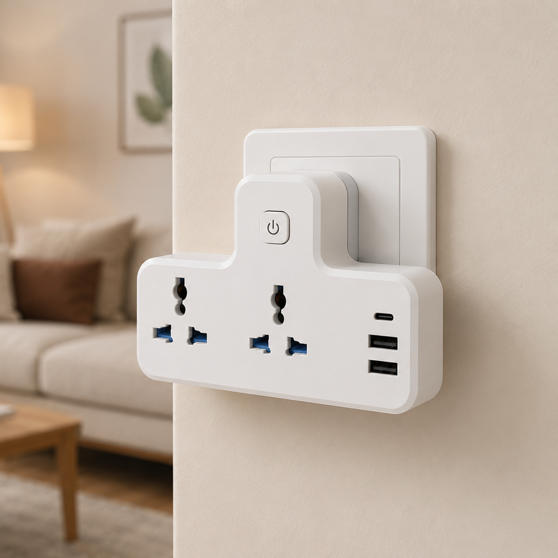Smart plug with multiple outlets and USB ports on a wall in a living room setting.