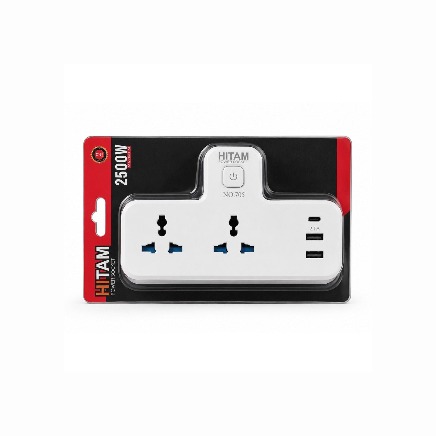HITAM power socket with multiple outlets and USB ports on a white background