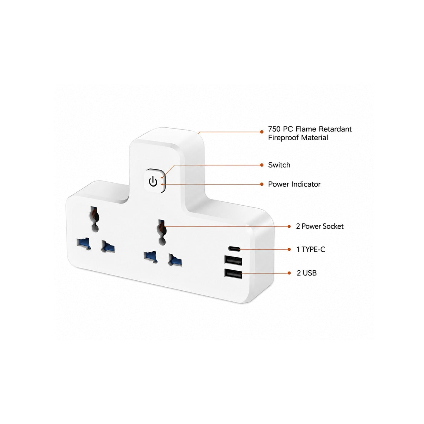 White power adapter with labeled features on a white background