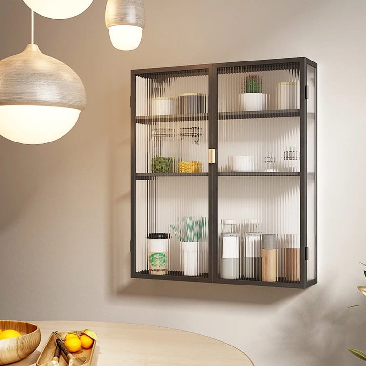 Home Storage Rack Shelf With Cabinet Doors  Contains Kitchen Items.