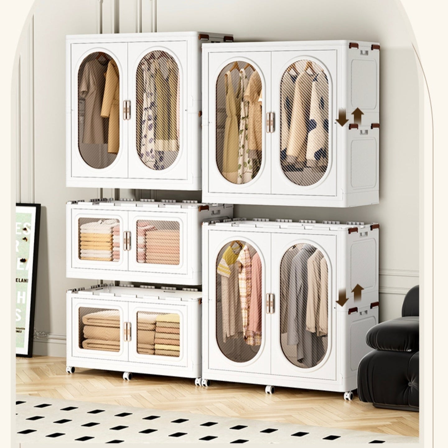 Wardrobe Storage Cabinet Shelf Bins Organized with Clothes.