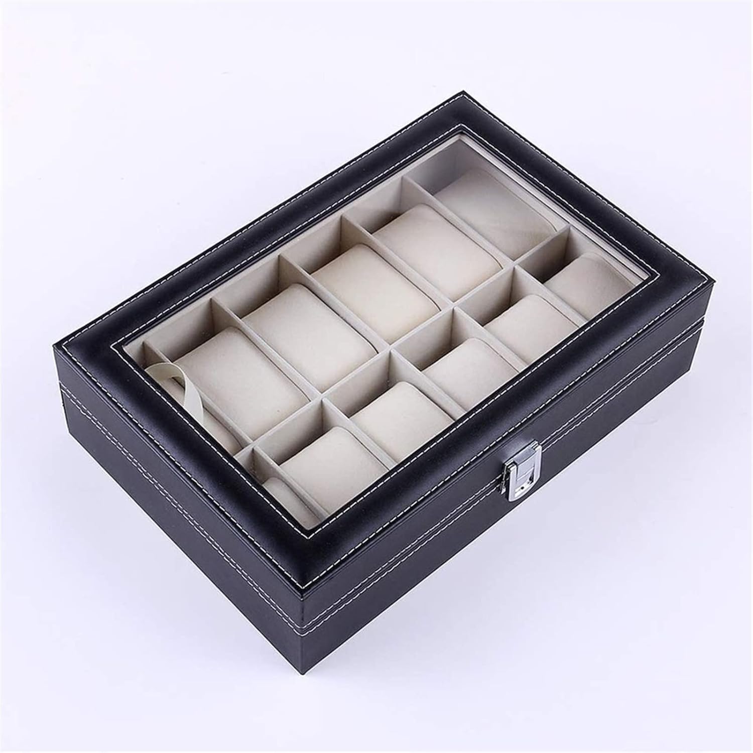Watch Storage Box with beige interior compartments on a white background