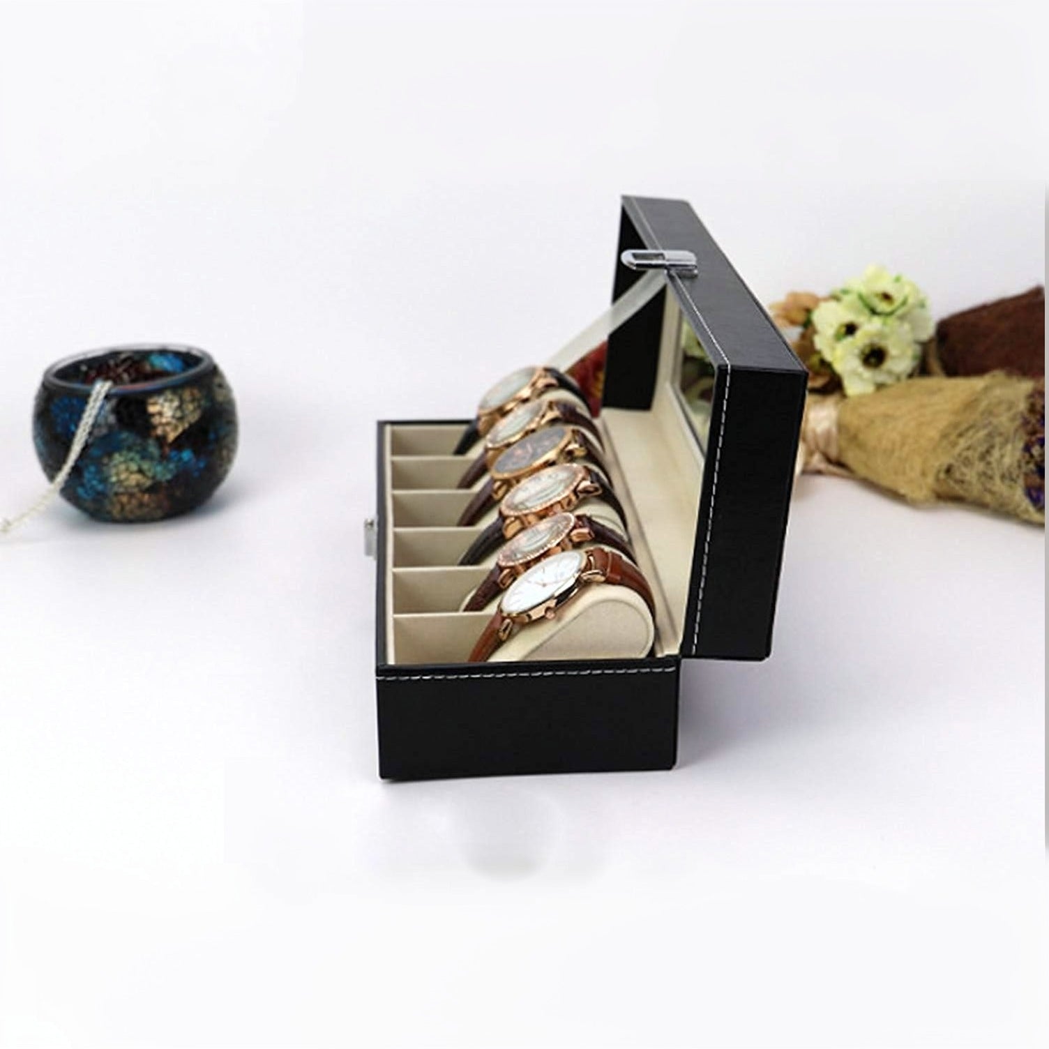 Watch Storage Box with watches on a white background