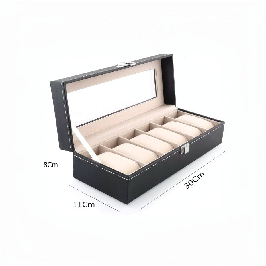 Black watch box with beige interior, dimensions indicated