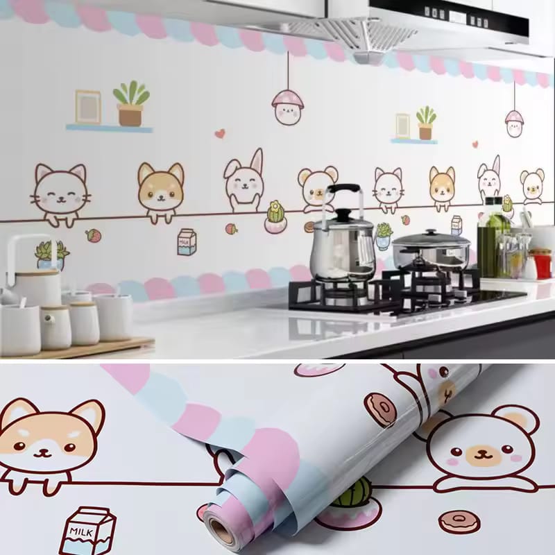 A Waterproof Self Adhesive Oil Proof Kitchen Bathroom Wallpaper is Sticked On the Wall Of a Kitchen.