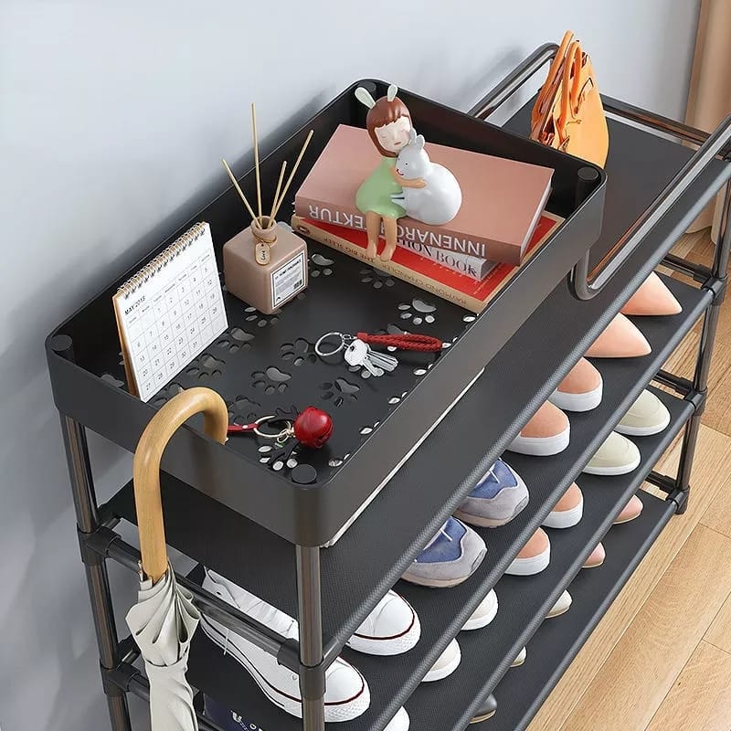 A shoe rack with shoes on it