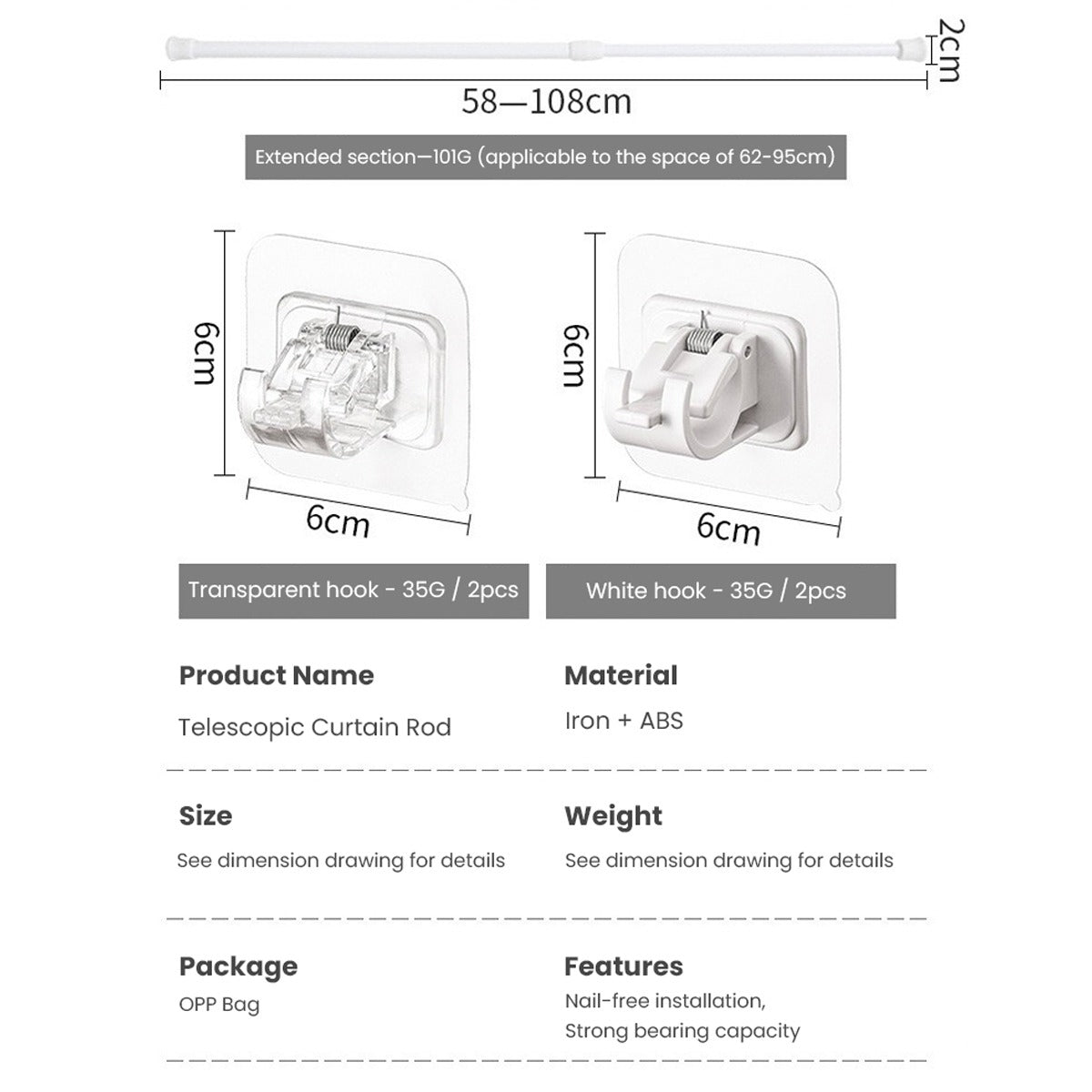 Extendable Hanger Rod, Adjustable Curtain Telescopic Pole Household Hanging Rod