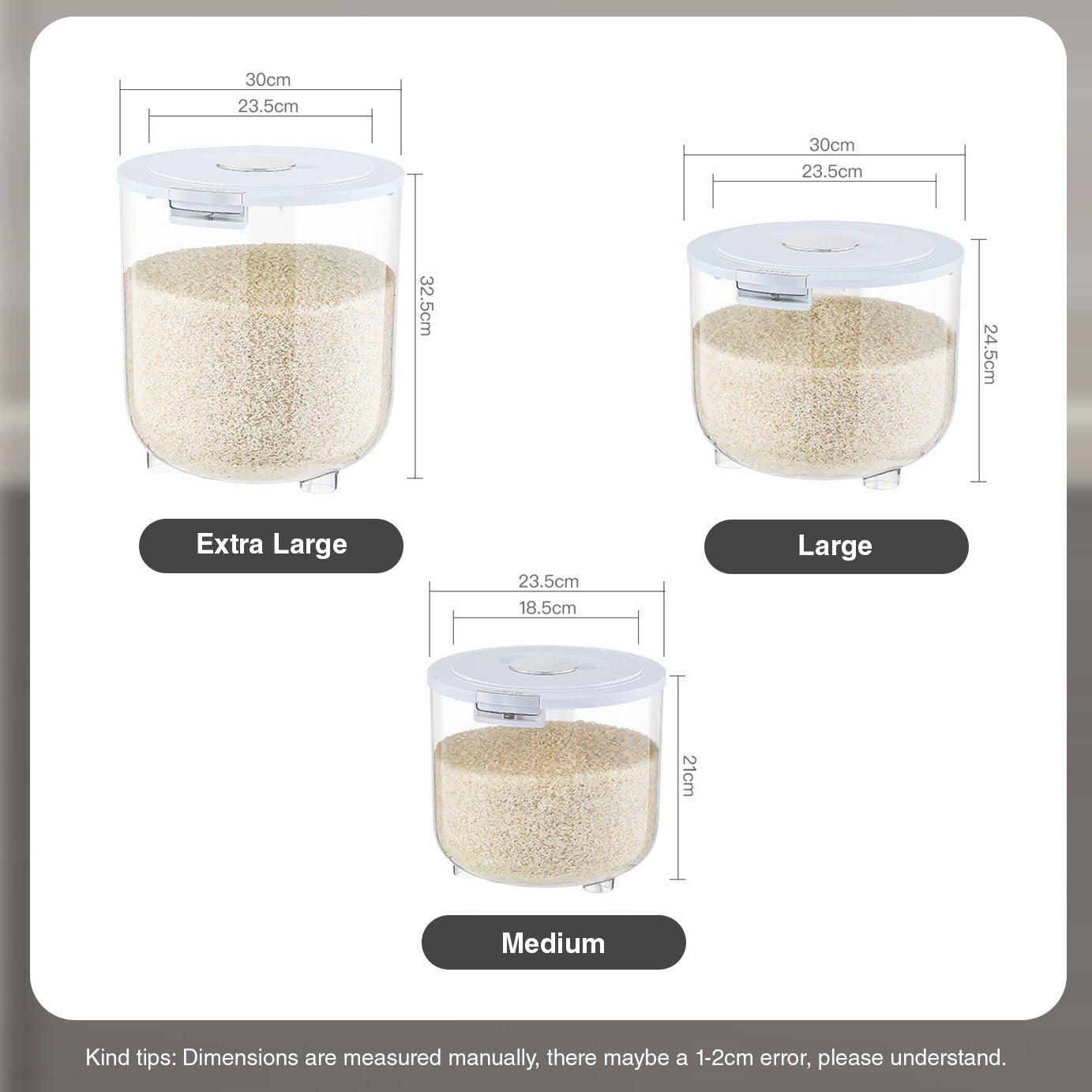 Different sizes of Transparent Moisture-Proof Sealed Tank Storage Bucket for Rice with its size