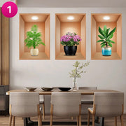 3D Effect Potted Triptych Posters, Decorative Wall Plant Stickers