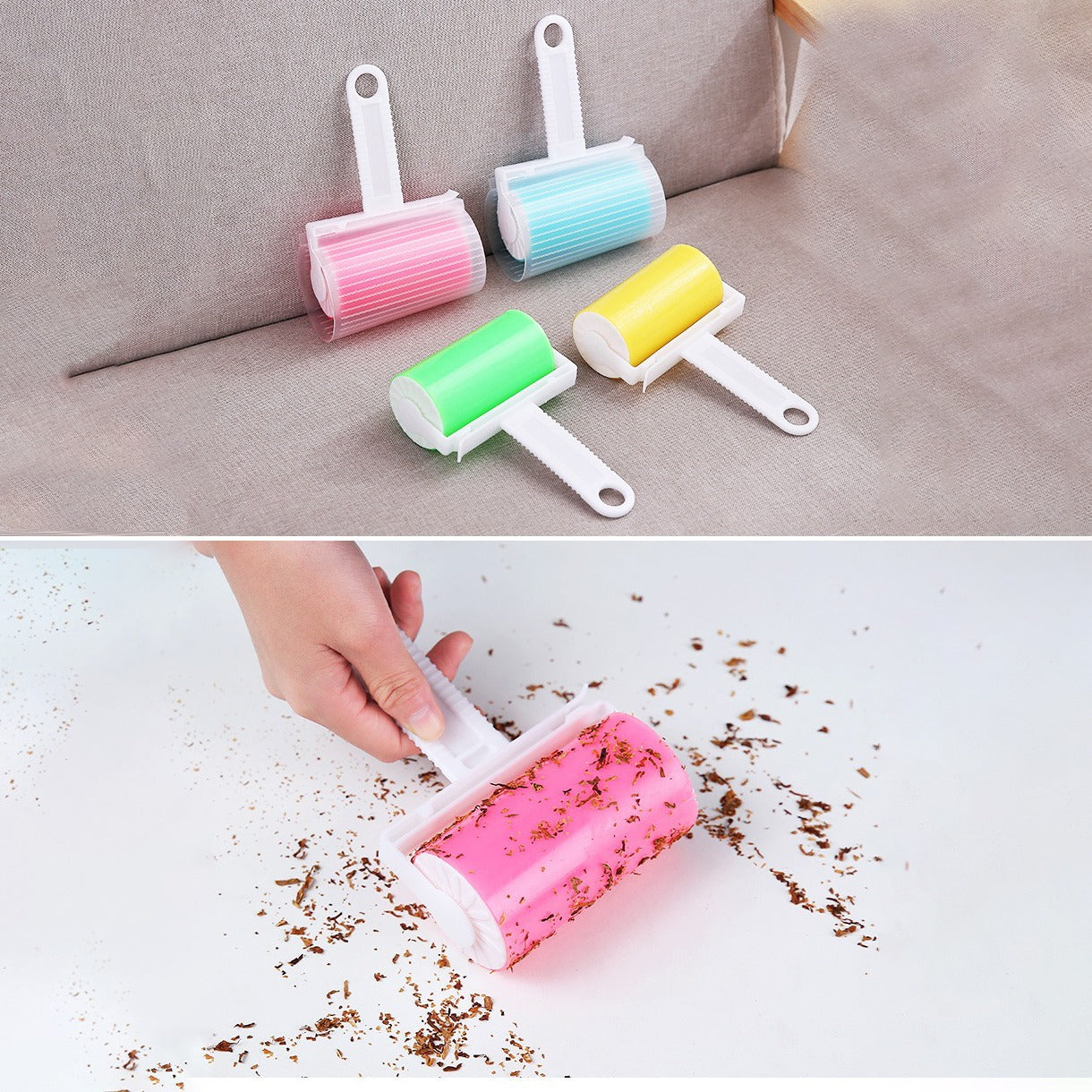 Reusable Lint Remover in all color variants kept on a sofa while the other side of the picture shows a person rolling dust from a surface using the product